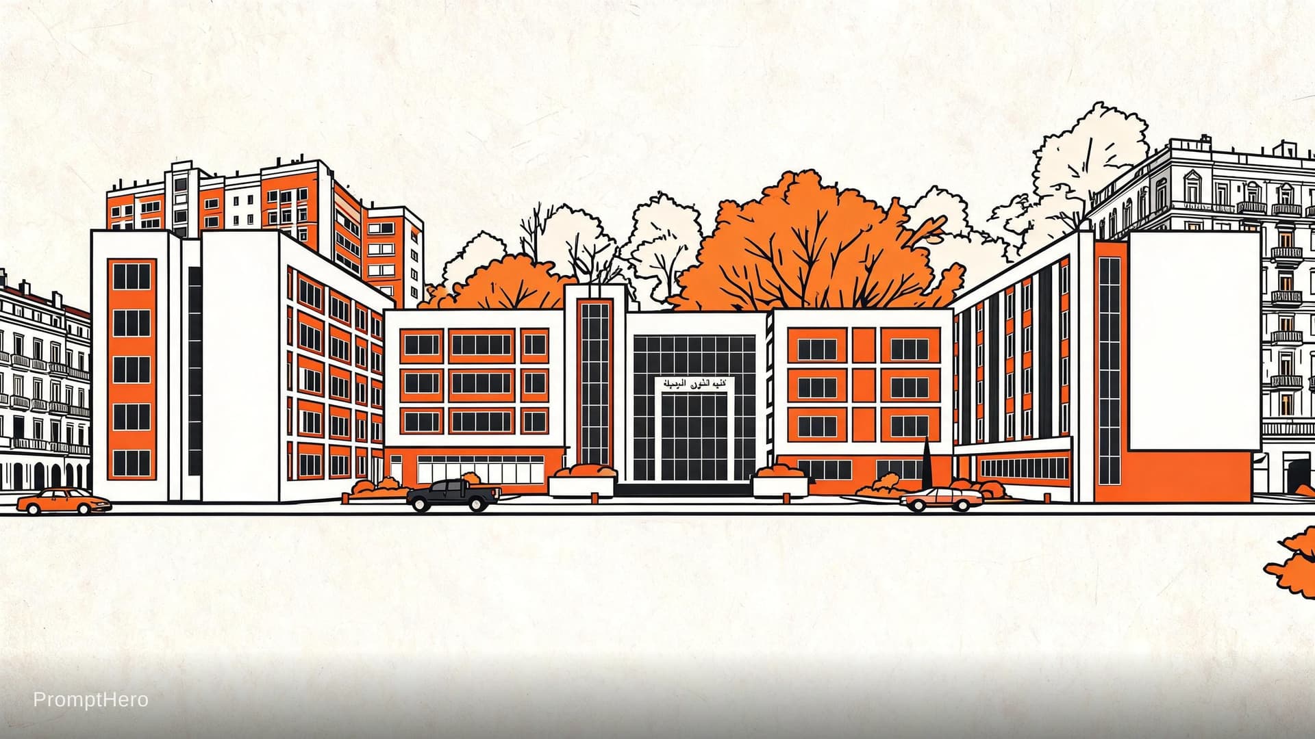 AI generated: vector drawing of an old building in the style of Paul Rand, surrounded by buildings from Montevideo...