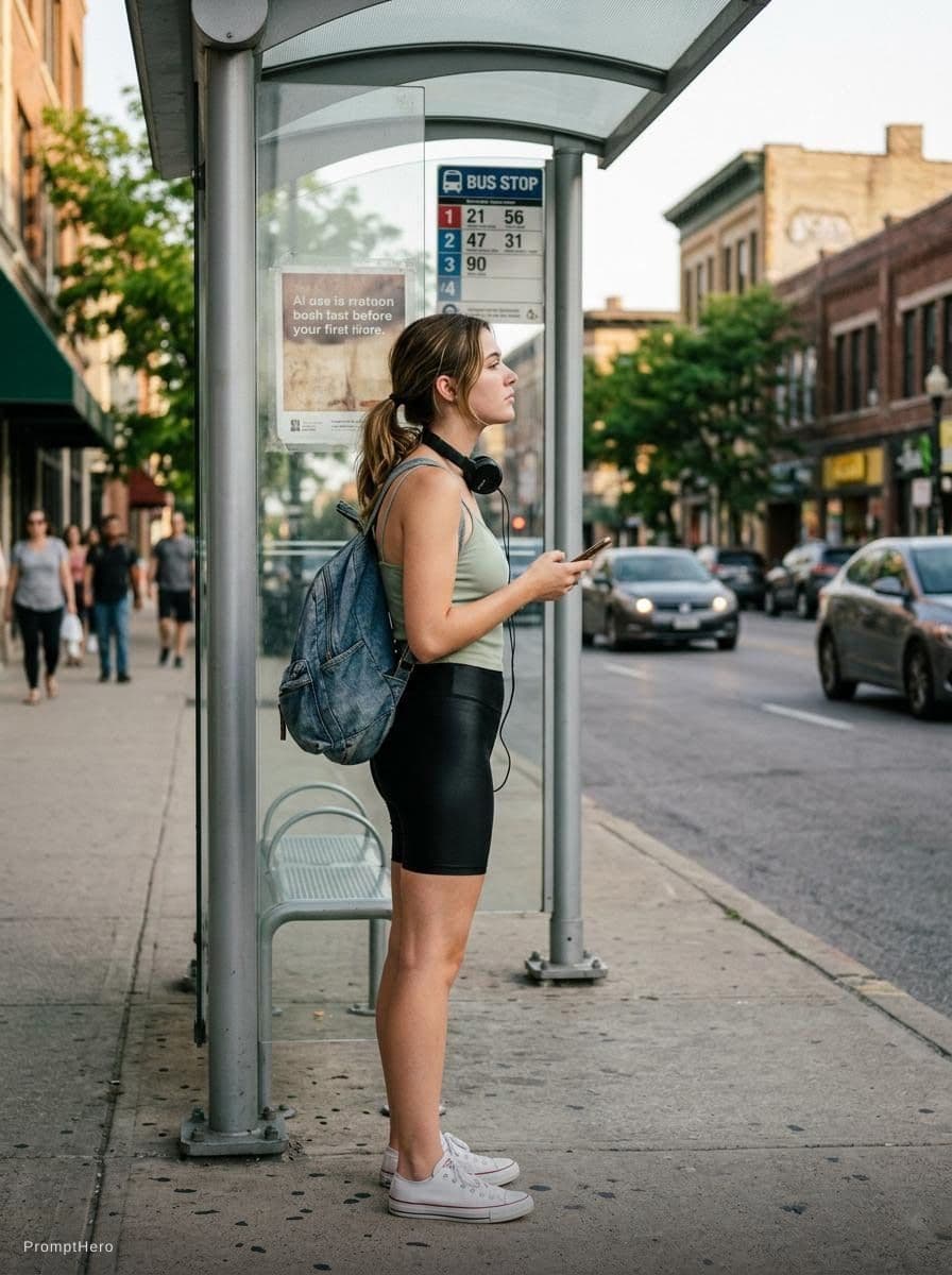 AI generated: a 20 years old girl waiting for the bus , side photo  wears a light  spaghetti strap top and shiny s...