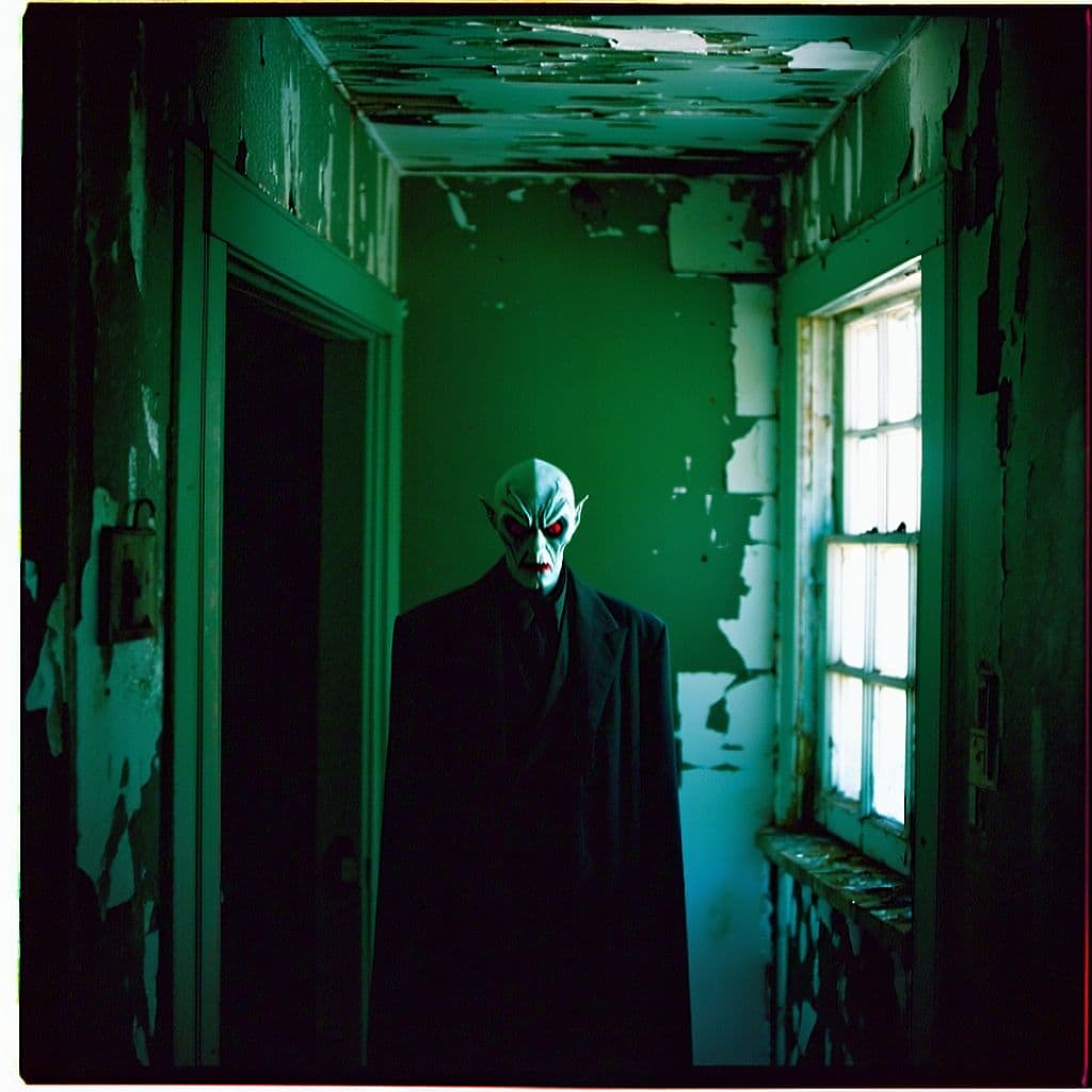 AI generated: grainy 80's photograph quality polaroid of uncanny, real life, 
nosferatu caught in an abandoned hou...