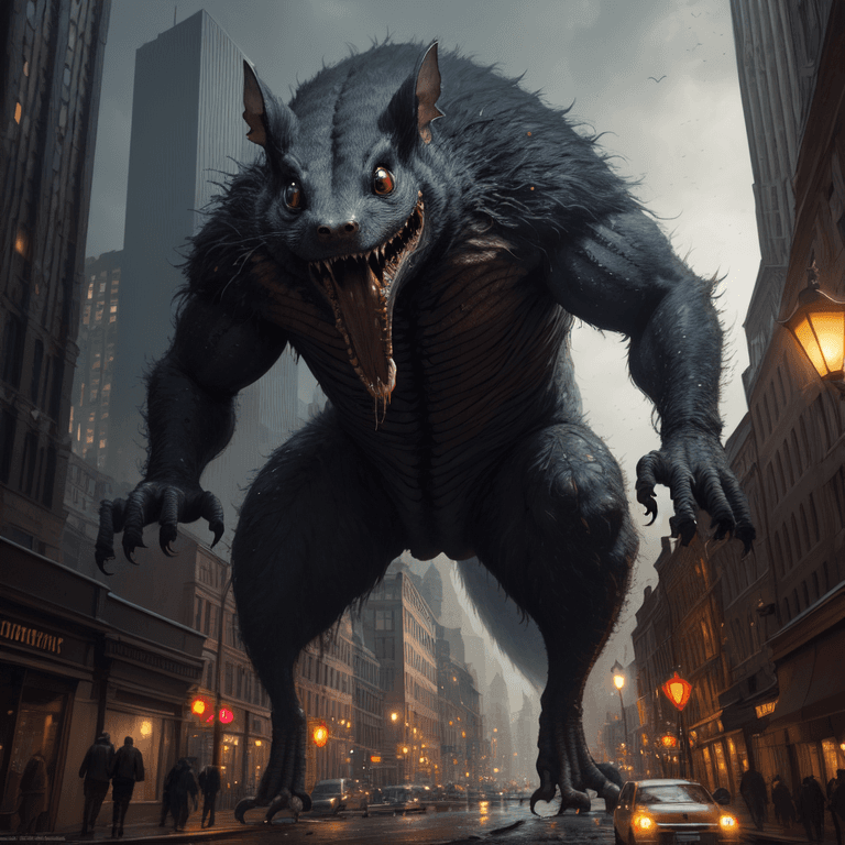 AI generated: haunting alien creature that looks like a monstrous giant shrew with many fangs, reddish eyes, urban...