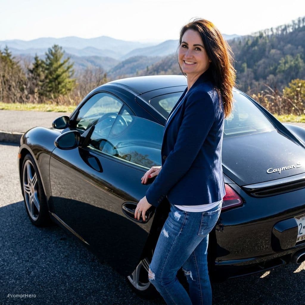 AI generated: posing on side of car looking back at camera with a jet black Porsche Caymen s