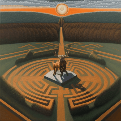 AI generated: oil painting of Minotaur sitting on top of the Labyrinth, view over an endless labyrinth with a sun ...