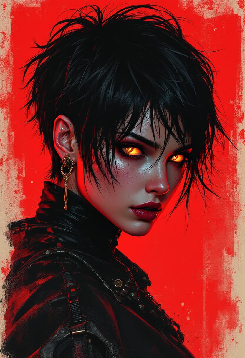 AI generated: drawing of a mysterious cyberpunk warrior woman with glowing brown an grey eyes,short messy black ha...