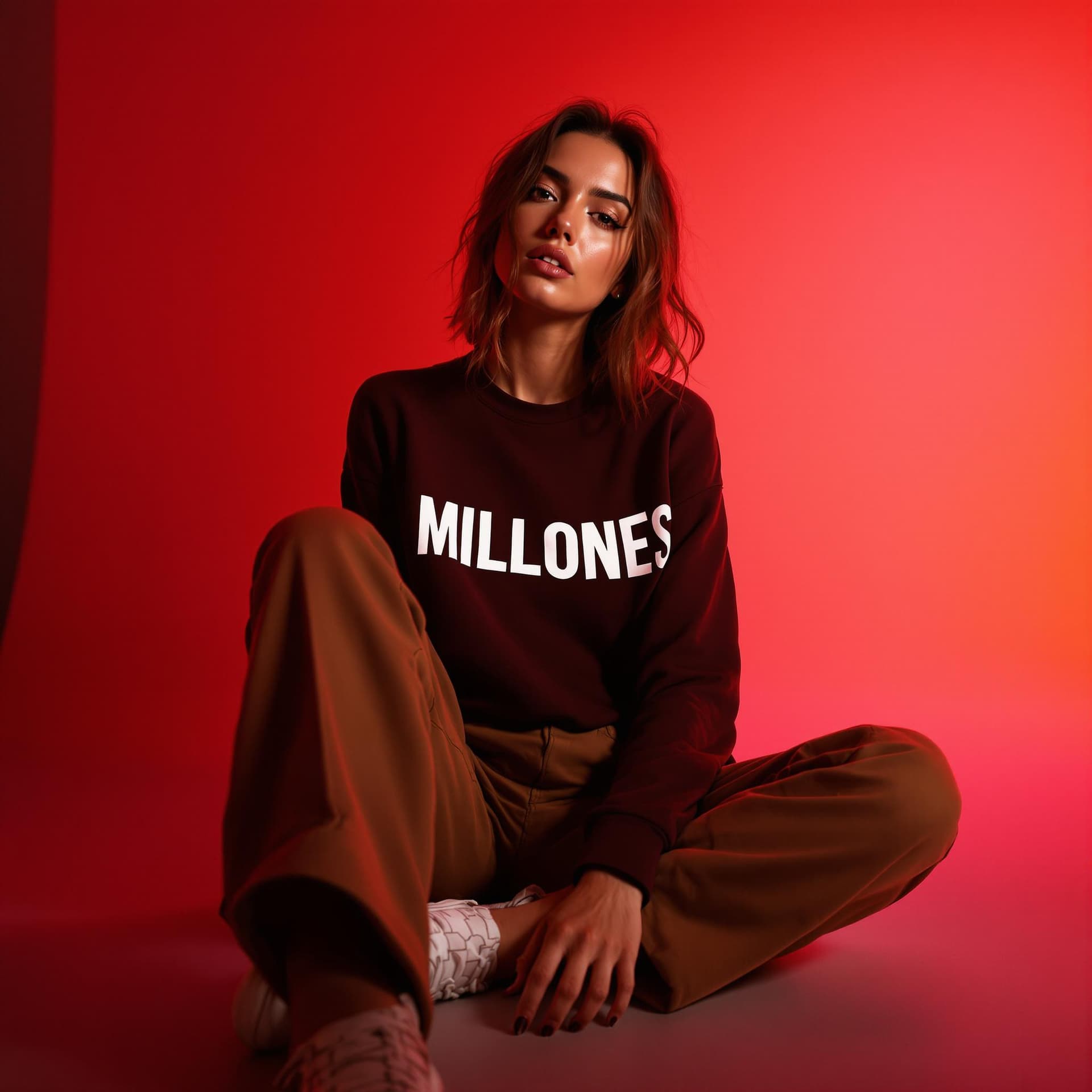 AI generated: wide and low angle, cinematic, fashion photography for the brand Dreamshot. Woman sitting on floor w...