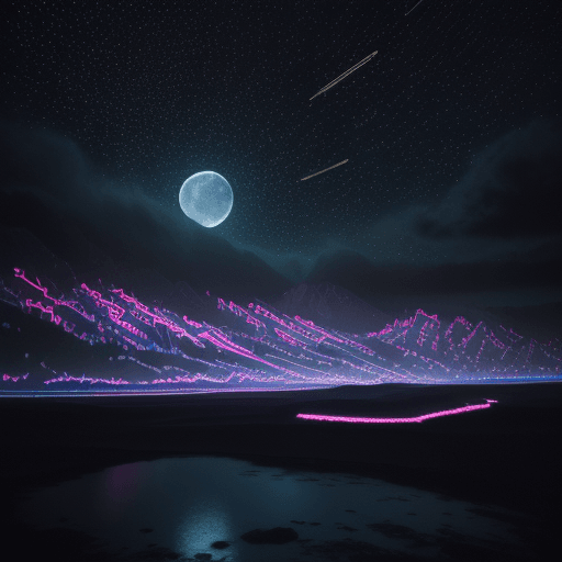 AI generated: Neon Light Art, In The Dark Of Night, Moonlit Skies, Clouds, Moon, Stars, Colorful, Detailed, 4k, Ul...