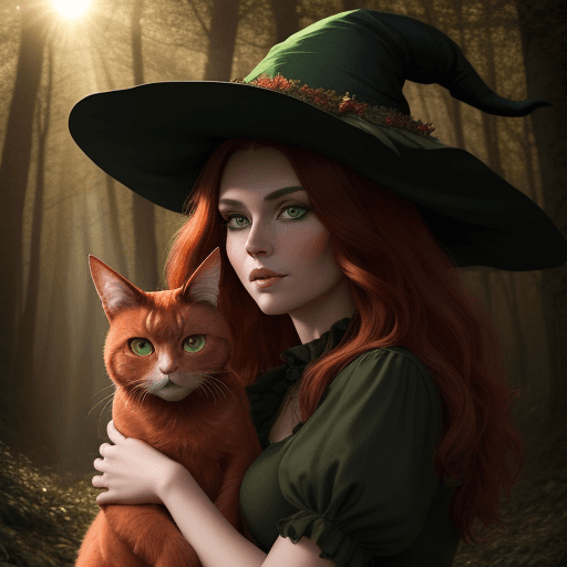 AI generated: a beautiful brunette with green eyes poses against the backdrop of the sun in the forest, in the sty...