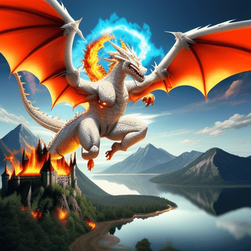 AI generated: sunny day a muscle white dragon with scales large wings throwing fire over a demon over a lake next ...