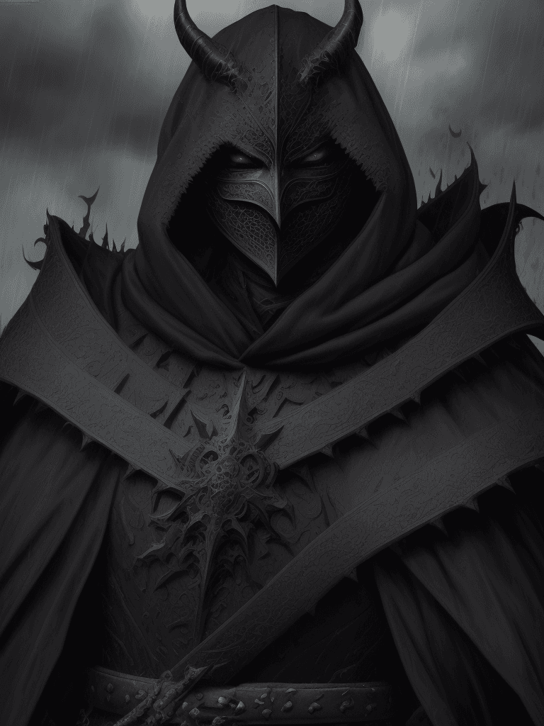 AI generated: medium close up, stunning illustration of a demonic warrior in black medieval armor, masked face, cl...
