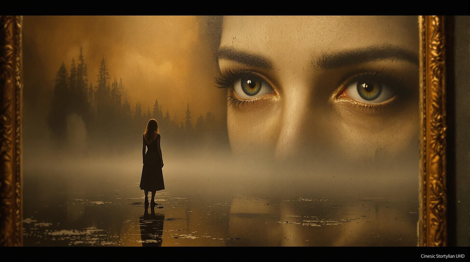 AI generated: (Cinematic UHD, hyper-realistic close-up of an old, mysterious painting in an art gallery, depicting...