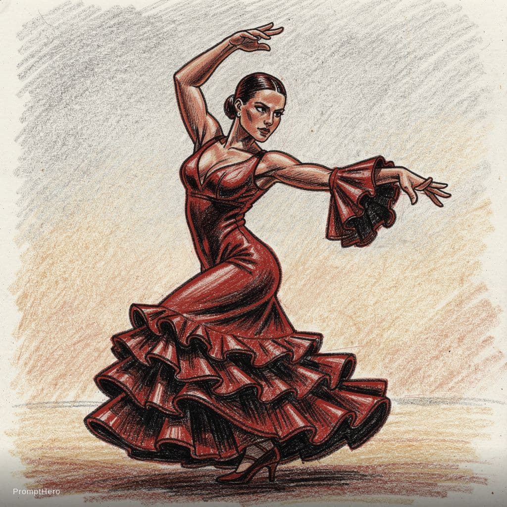 AI generated: Crayon-style illustration of a flamenco dancer in a dramatic pose, strong consistent contour lines, ...
