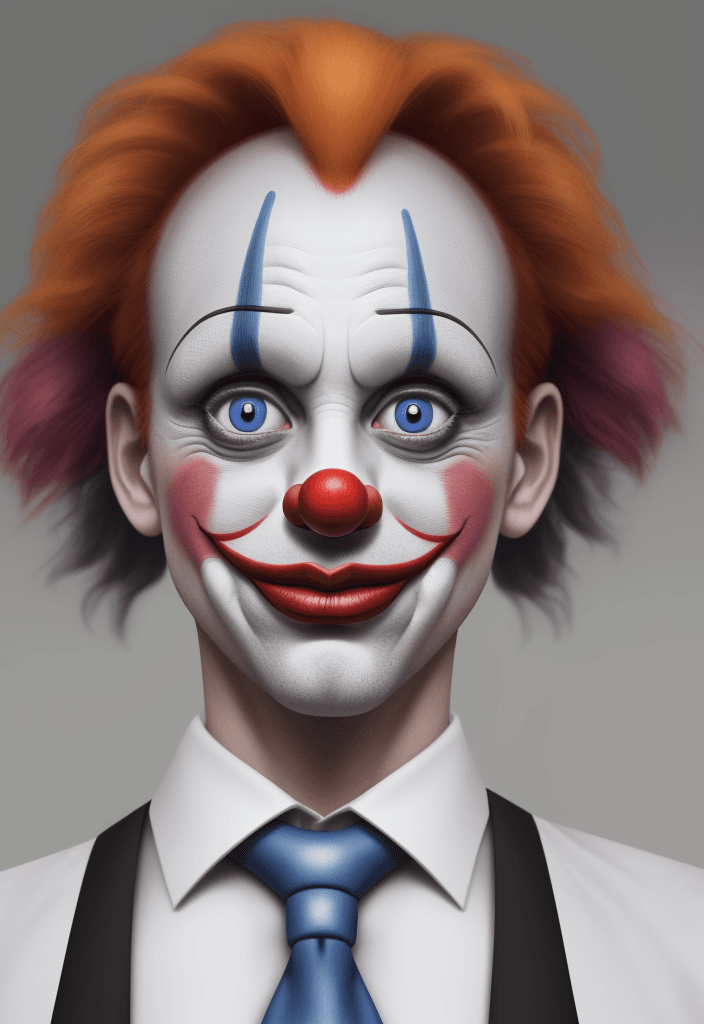 AI generated: Hyper realistic clown face, business suite