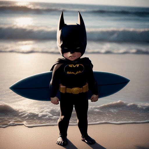 AI generated: baby batman, standing, hold surfboard, beach, morning, light,close up