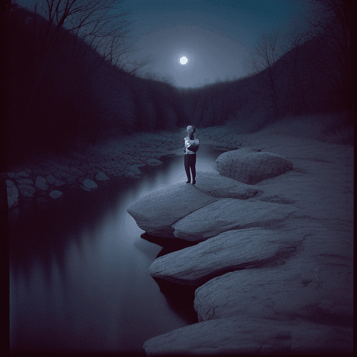 AI generated: Midnight sneak on hill rock river bank, full moon, Mysterious, pinpoint stars, Award - winning, port...