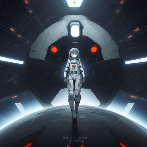 AI generated: Girl in spacesuit, spaceship inside, Tsutomu Nihei style, Sidonia no Kishi, gigantism, laser generat...