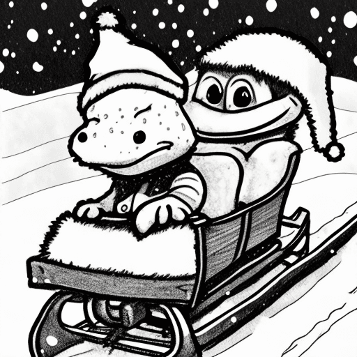 AI generated: cute cartoon t-rex with santa hat on sleigh in the snow. line drawing only. will be used by kids to ...
