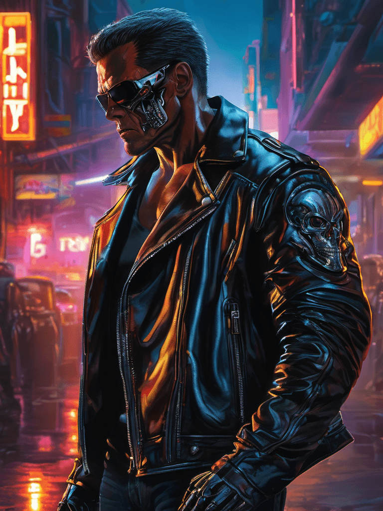AI generated: a terminator with skull-like face, leather jacket, brutal, neon lights reflections, dramatic lightin...