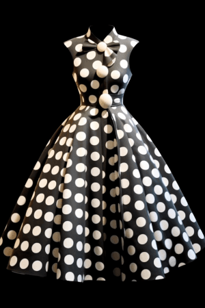 AI generated: Tracking Shot of a black and white polka dot dress, retro design, features polka dot accents and a b...