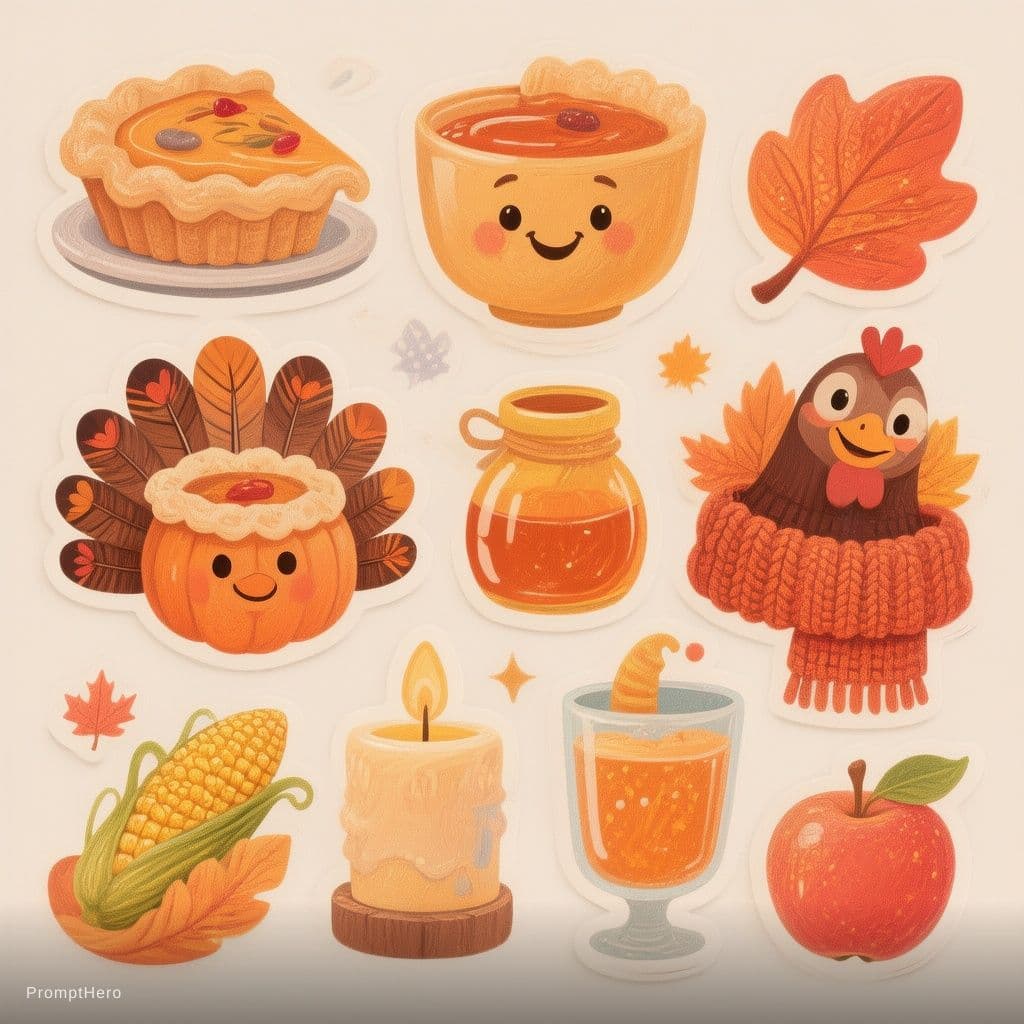 AI generated: “Set of 8–10 cute hand-drawn vector icons featuring Thanksgiving and cozy autumn celebration themes,...