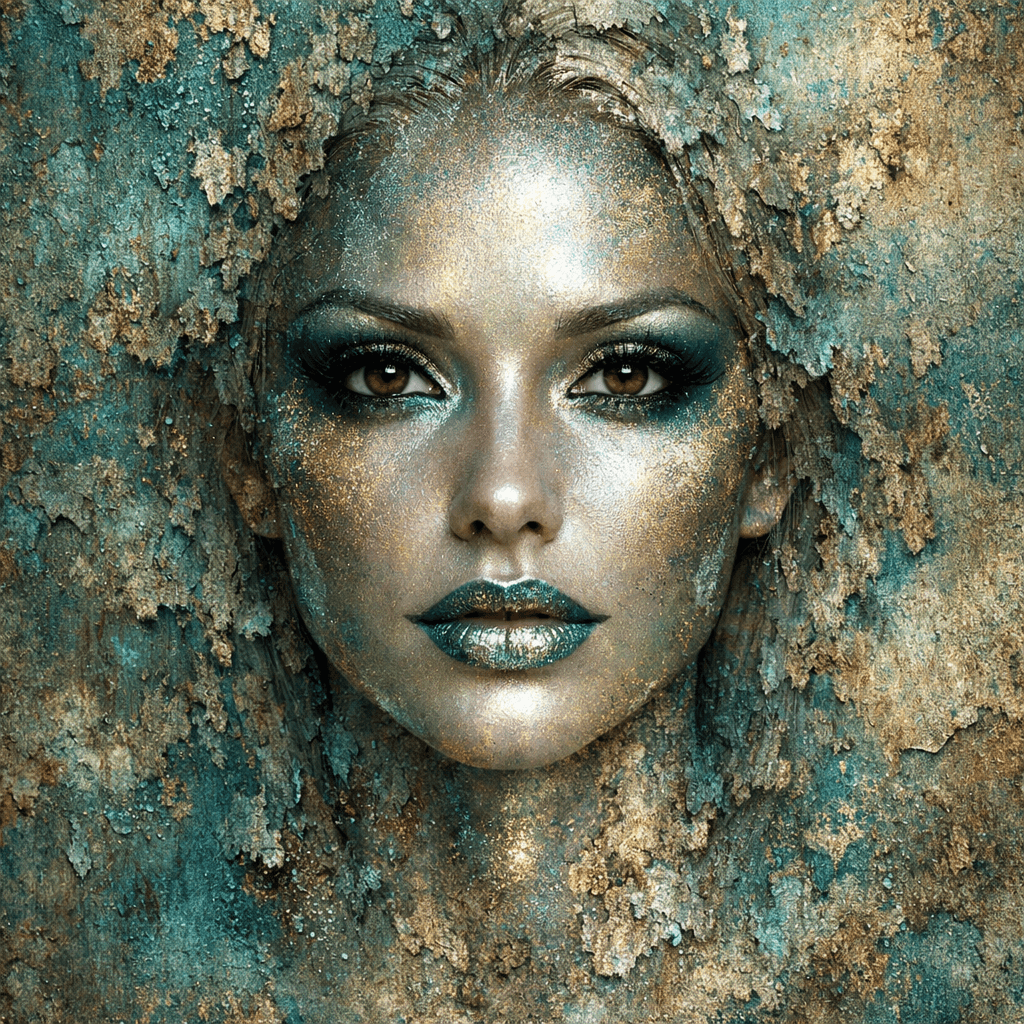 AI generated: front direct view portrait of blond woman head, brown eyes, metalic skin, disappearing into the pati...