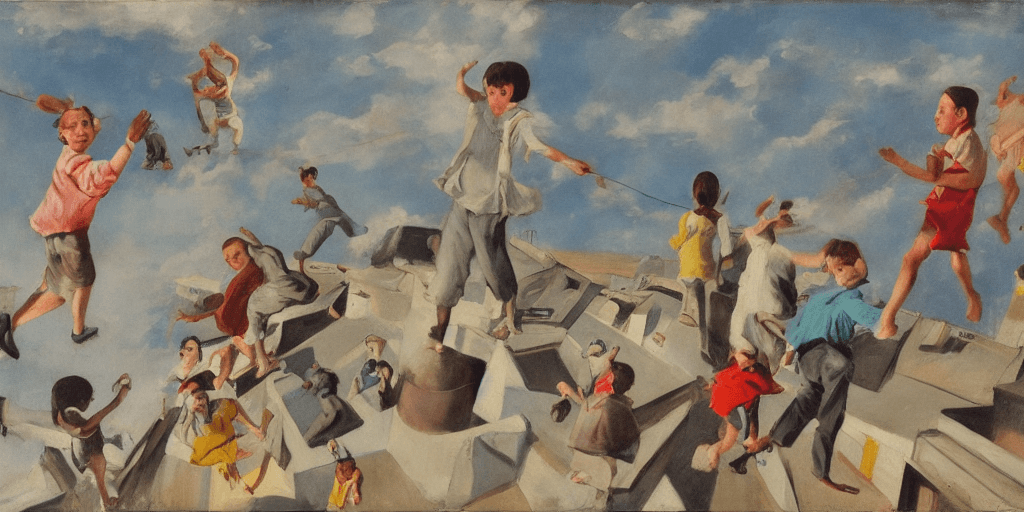 AI generated: children playing on rooftop, neo rauch, painting with incomparable reality, intricate details