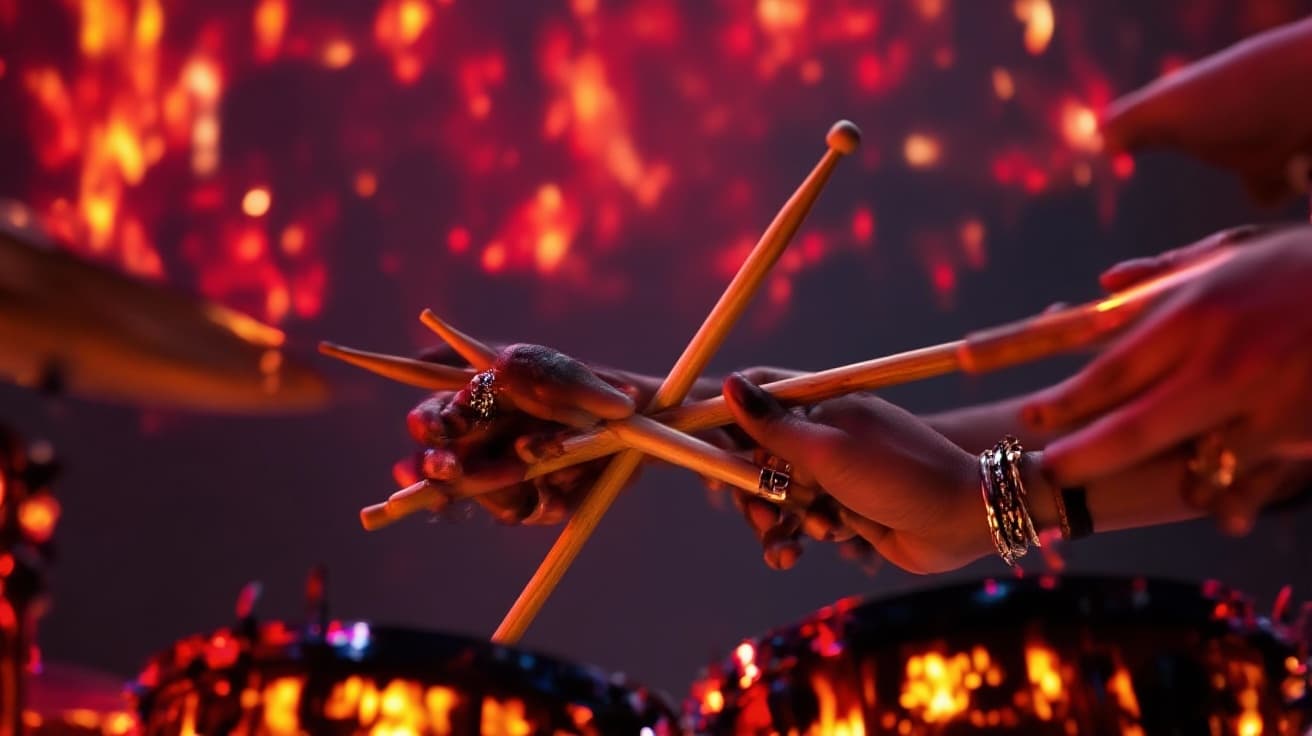 AI generated: rotate camerangle 90 degree right, zoom in on hands hoding drumsticks