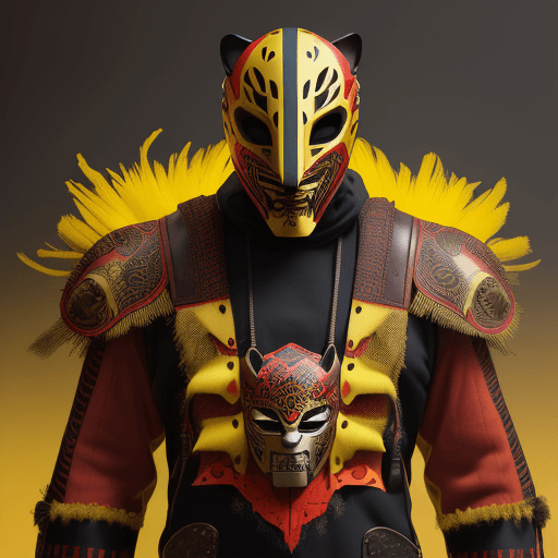 AI generated: , jaguar helmet type mask, warrior mask, high details, wood, zoque inspiration, vibrant colors yello...