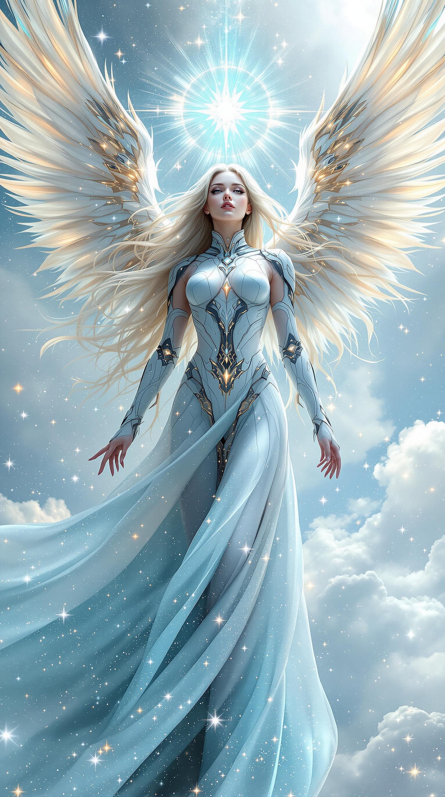 AI generated:    scifi professional artwork  , ultra fine 3d details, full body archangel wings open,pointing tota...