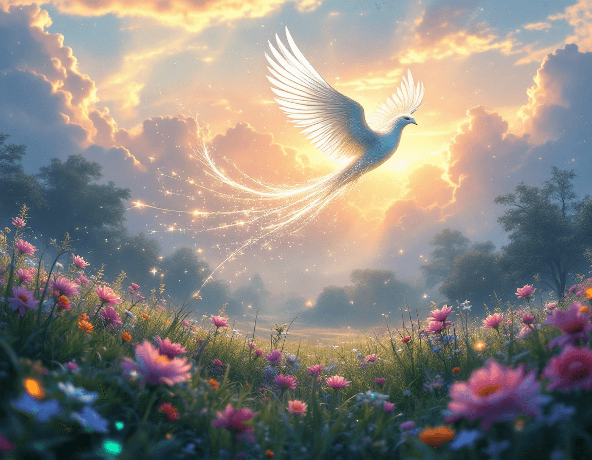 AI generated: A breathtaking scene of a graceful, mythical bird soaring high through a glowing sky. Its long, ench...