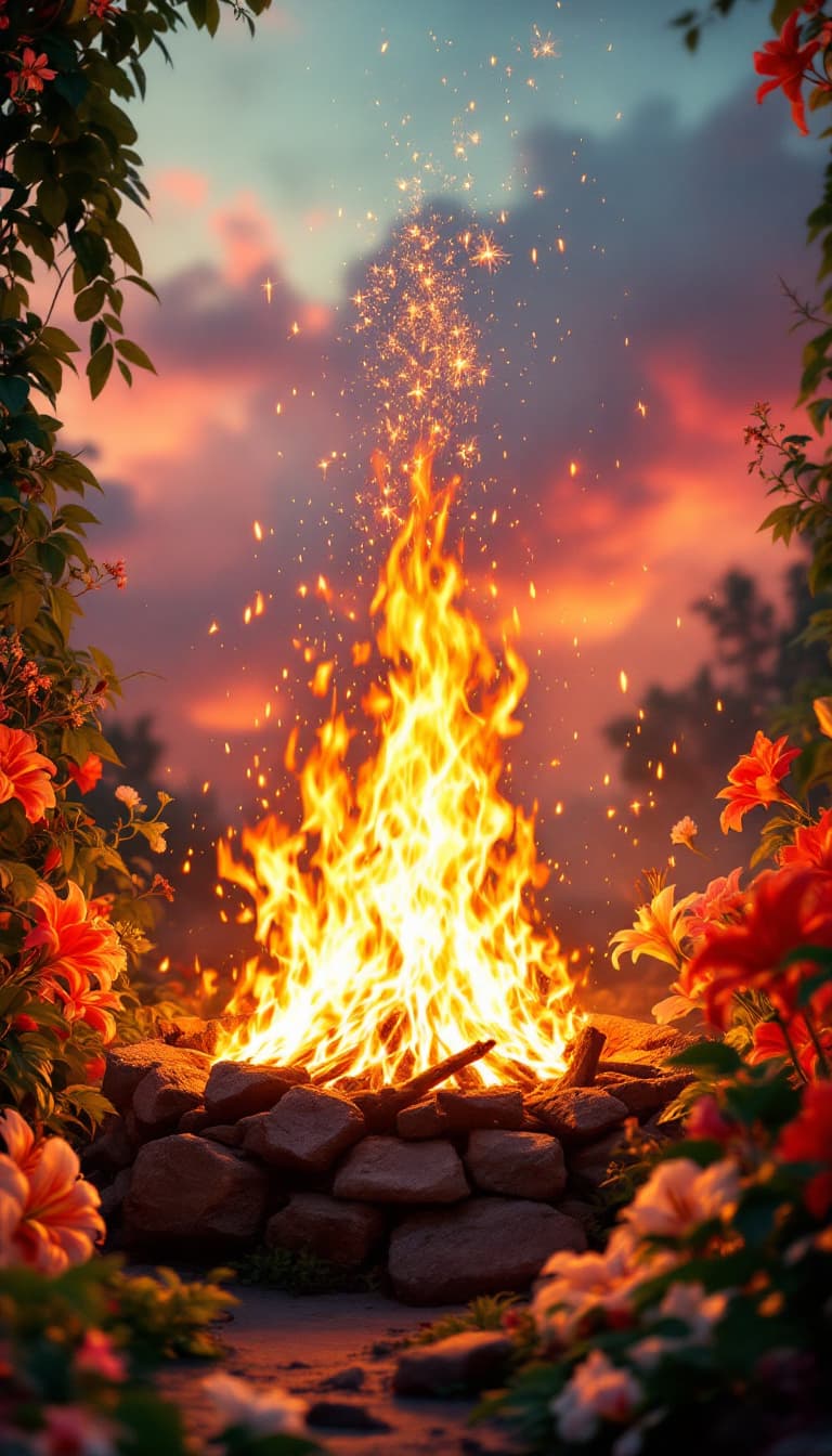 AI generated: Description: Fire pit blazes with golden flames, surrounded by vibrant vines and blooming lilies, sp...