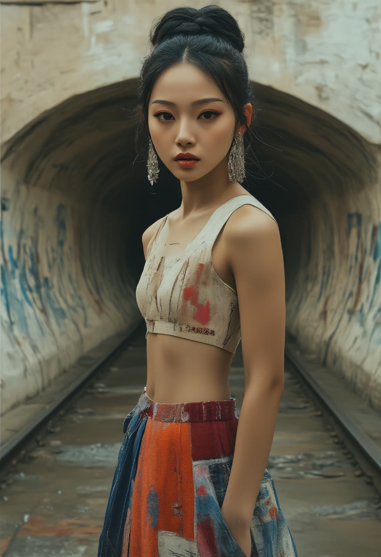 AI generated: polaroid, Street fashion high angle photo of a 24-year-old Ashkenazi Jew-Bosniak female exotic beaut...