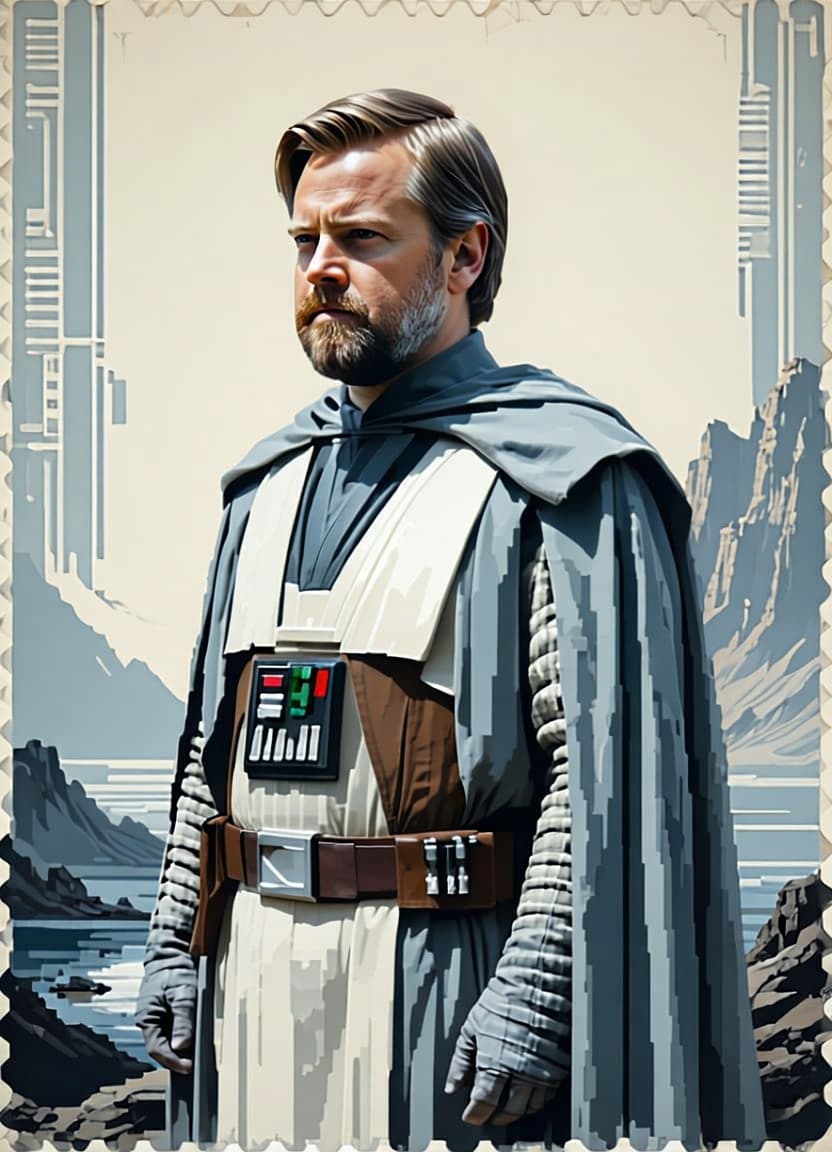 AI generated: 16 bit pixel art, vintage United States Postage Stamp, 2 cent stamp, Obi Wan Kenobi, blue ink, line ...