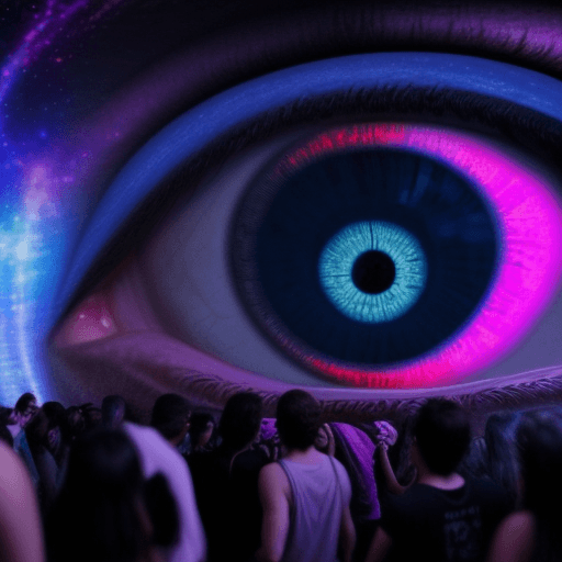 AI generated: Hyper realistic eye level exterior photo of a person dacing on a psytrance party, night, psychedlic,...