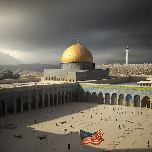 AI generated: Al-Aqsa Mosque in cloudy and rainy weather in dim sunlight and there are soldiers and warplanes with...