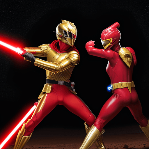 AI generated:  RED SPANDEX SUIT, WITH GOLD GLOVES AND BOOTS , wearing a RED ranger helmet HOLDING a lightsaber vs ...