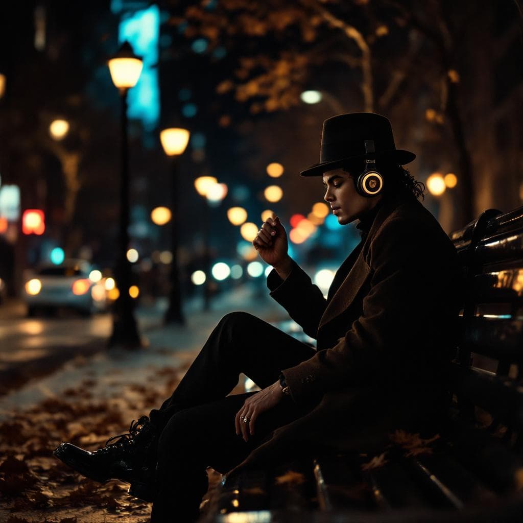 AI generated: a Michael Jackson lookalike sitting alone on a city bench in New York at night, wearing a fedora and...
