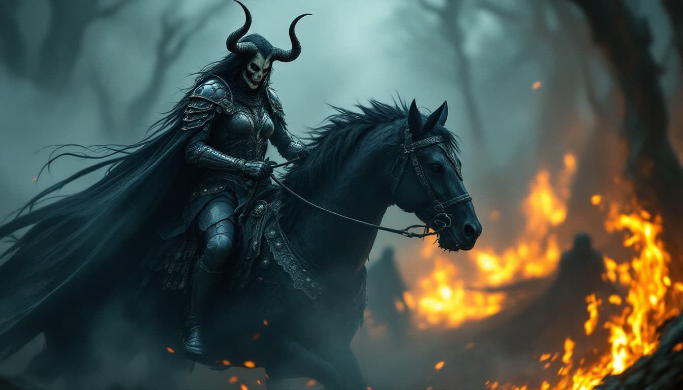 AI generated: Emerging from the shadows of a smoky, ethereal forest, a fierce warrior rides a powerful black horse...