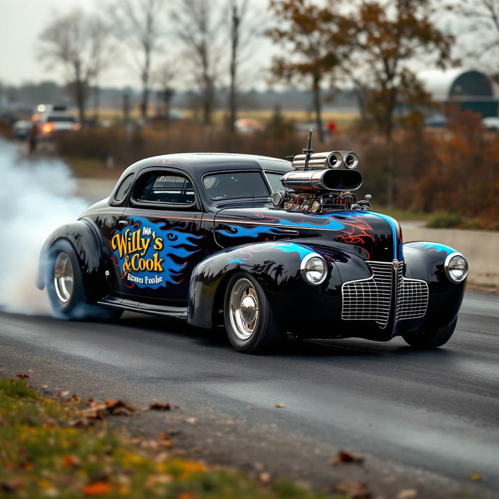 AI generated: Stone, woods, and cook 1941 Willy's coupe, 60's style gasser drag car, quarter mile drag race