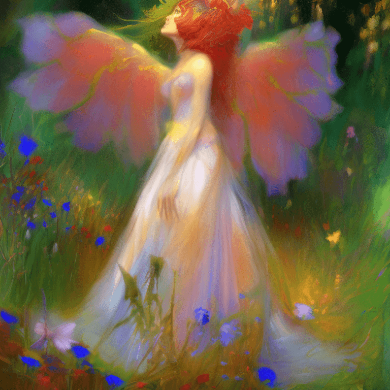 AI generated: a regal looking beautiful fae in a luxurious dress with colorful translucent wings in a flowery glad...