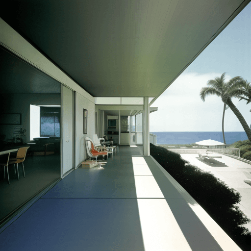 AI generated: Hyper realistic eye level exterior photo of a mid century modern style house overlooking the ocean, ...