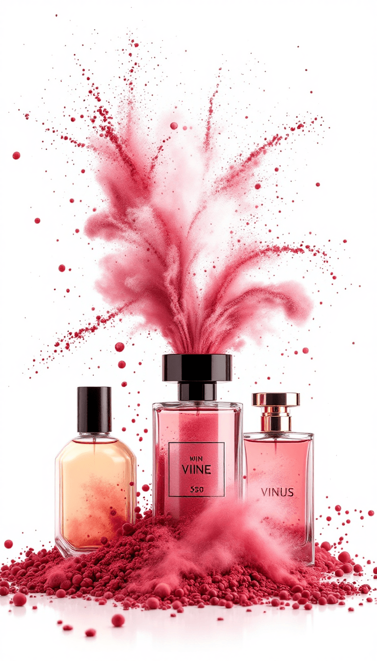 AI generated: a photo of 3 big perfumes with a vinous and white powder explosion on a white background --ar 2:3 --...
