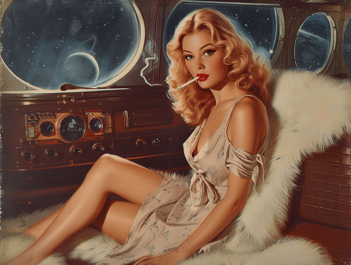 AI generated: 1940s, illustration, femme fatale, futuristic interior design, the most beautiful woman ever wearing...