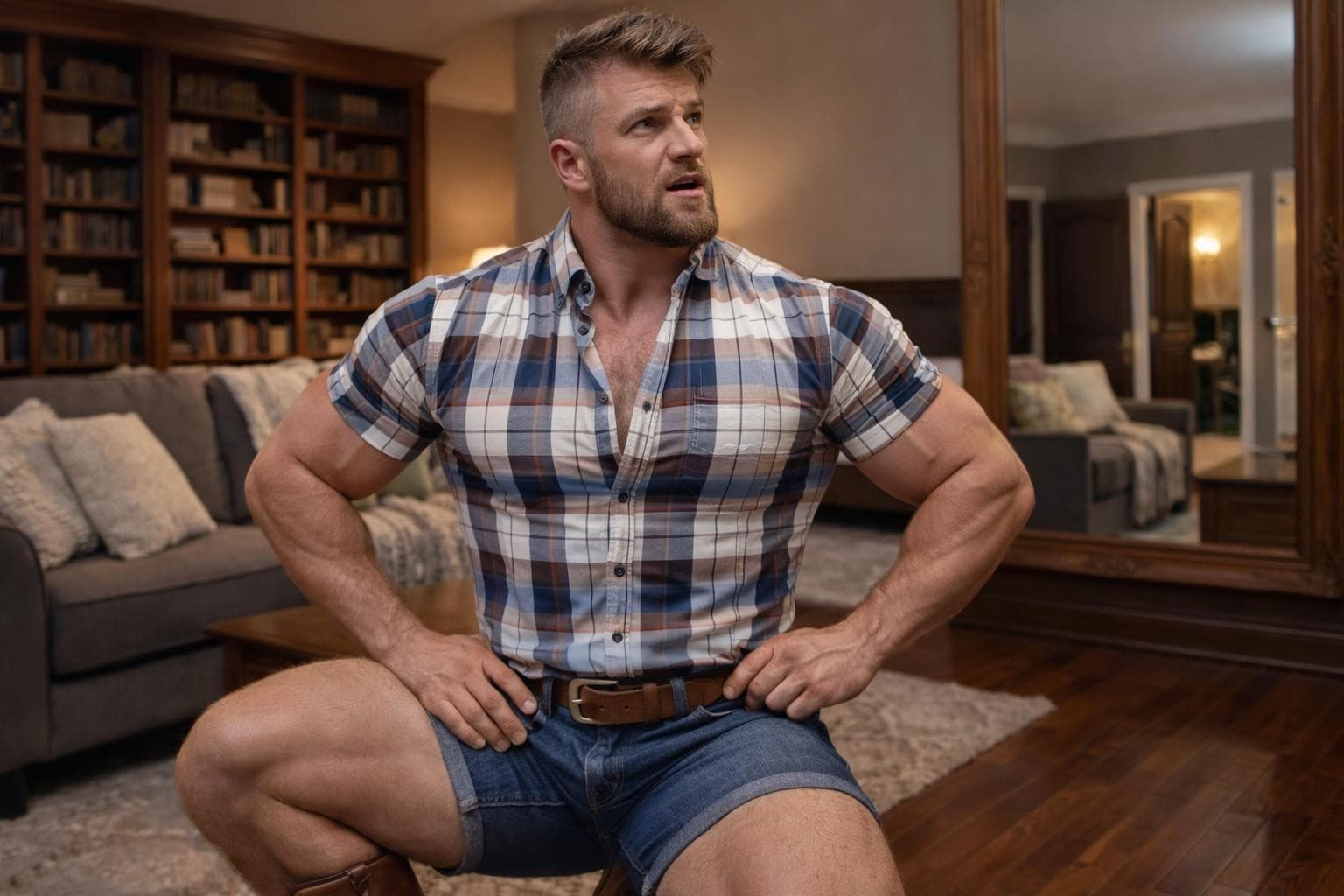 AI generated: The scene is in the room.

The model is standing on one of his knees while leaning an elbow on the o...
