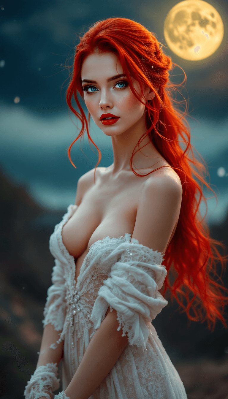 AI generated: elegant woman, red hair, sparkling hair, long legs, sensual beauty, minimal attire, moonlight, photo...