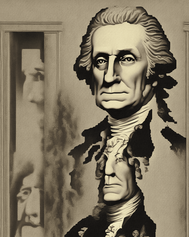 AI generated: pixelated image of George Washington, in the style of 'Lincoln in Dalivision' by Salvador Dali, with...