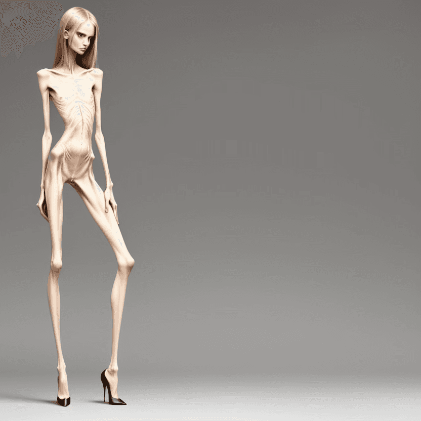 AI generated: naked very skinny anorexic legs in high heels, high heels, the tips of the shoes are very long towar...