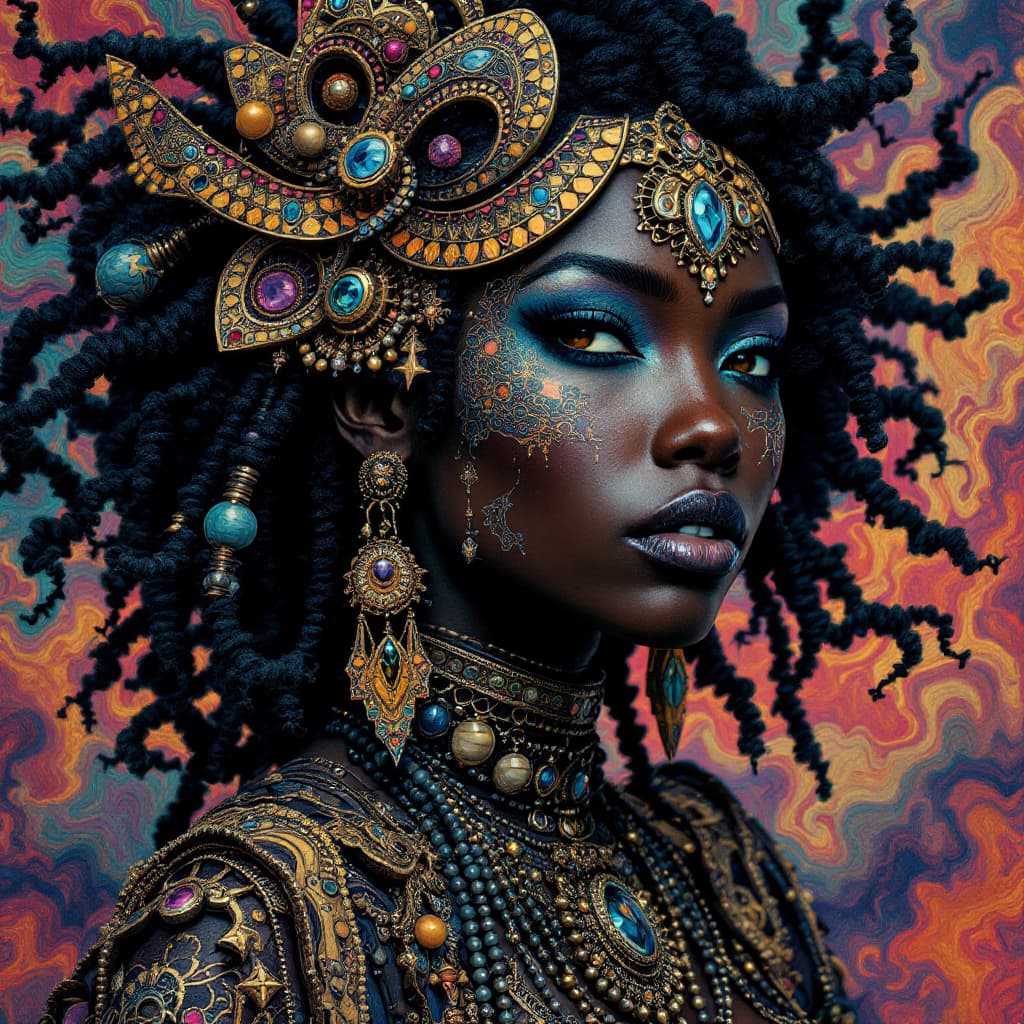 AI generated: Psychedelic, surreal,, and highly detailed, a warrior ebony model woman
  