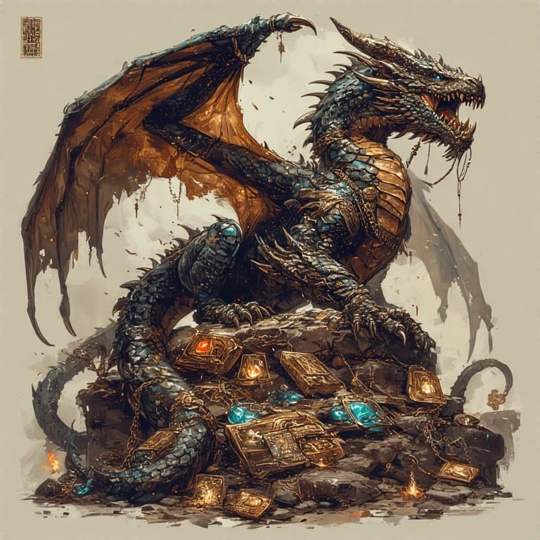 AI generated: ancient dragon guarding atop cursed artifacts
