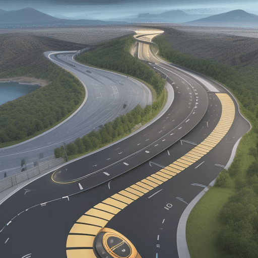 AI generated: A curvy road that transforms into industrial shapes, highlighting your creative journey. The road re...