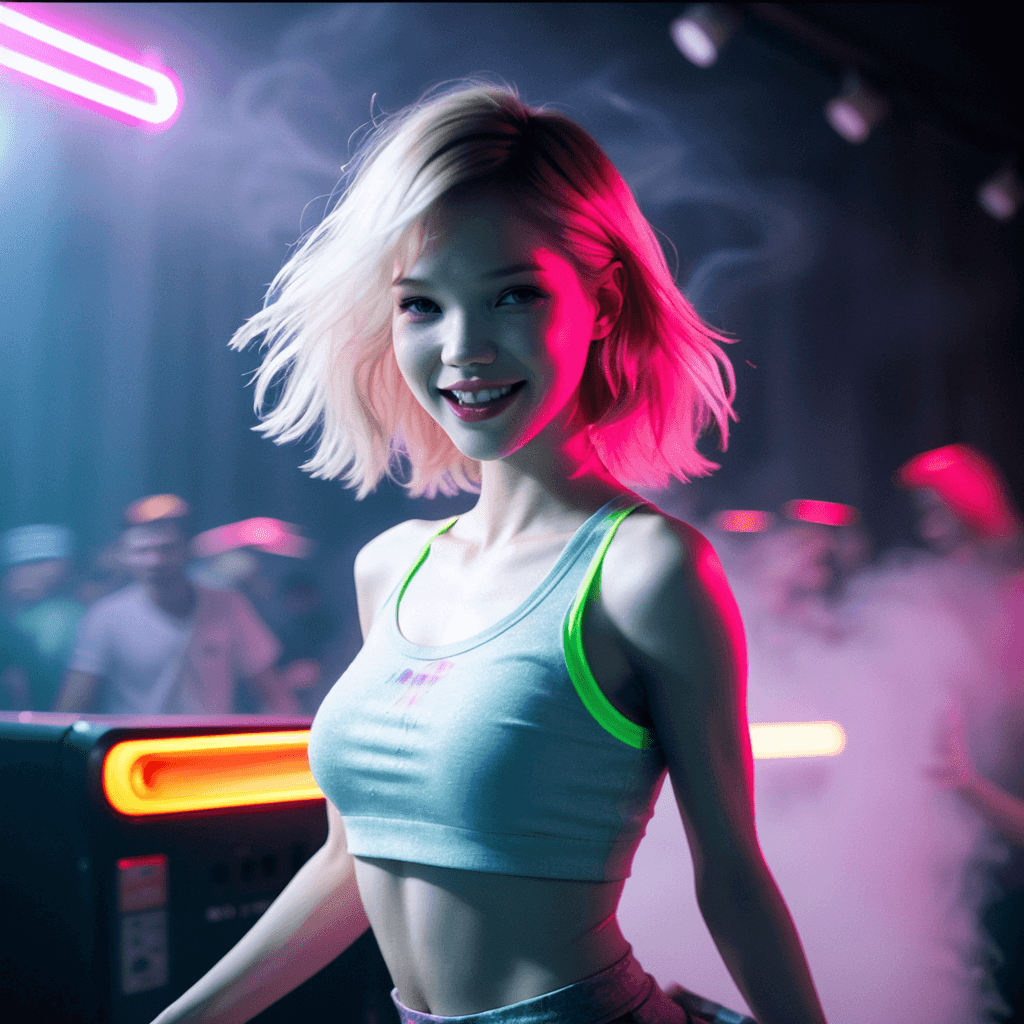 AI generated: misty lit with smoke and fog neon night club, crazy night dance at the night club, crowded party eme...