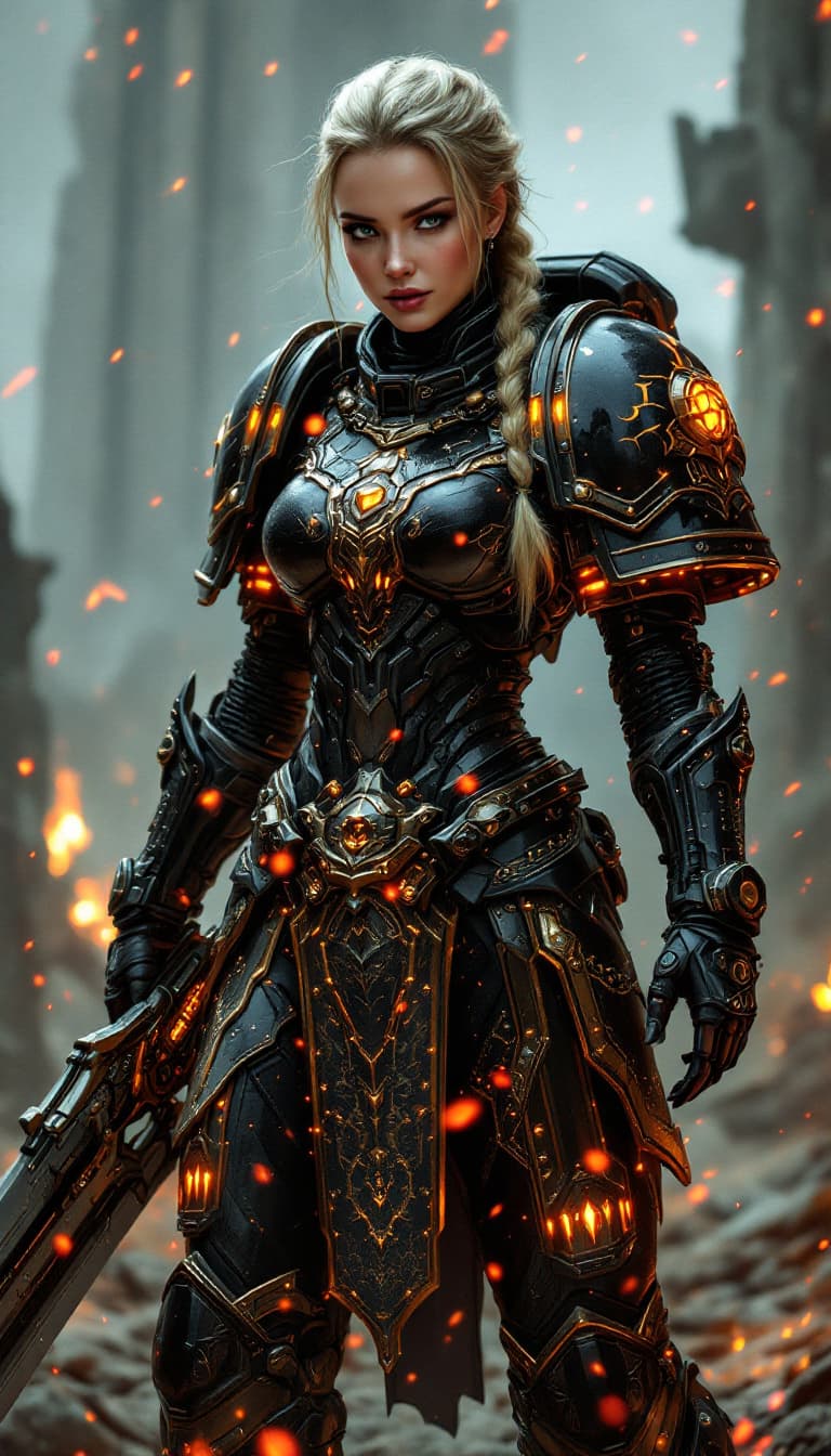AI generated: A dynamic angle, full-body view, realistic portrait of a female space marine, her blonde hair pulled...